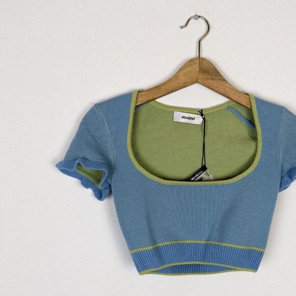 NWT Danielle Guizio Blue Lime Scoop Neck Knit Crop Top Size XL - Picture 3 of 10